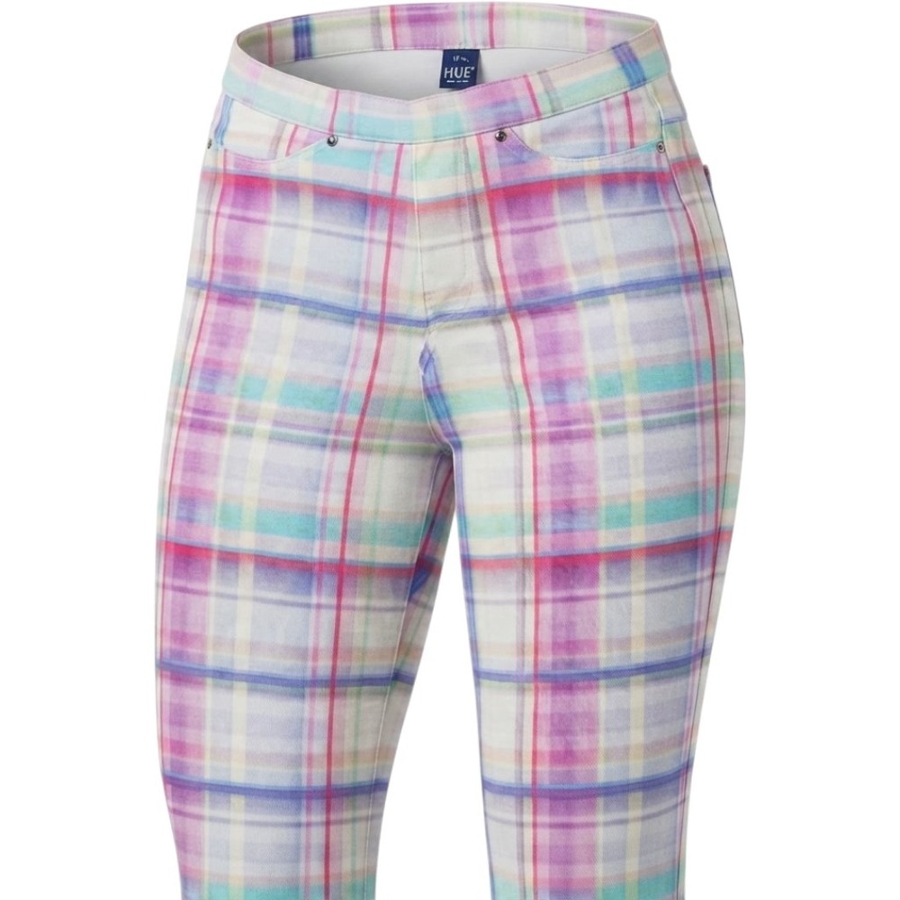 HUE Womens Pastel Plaid Pull On Leggings Size M Purple Pink Blue Slim Fit 16189